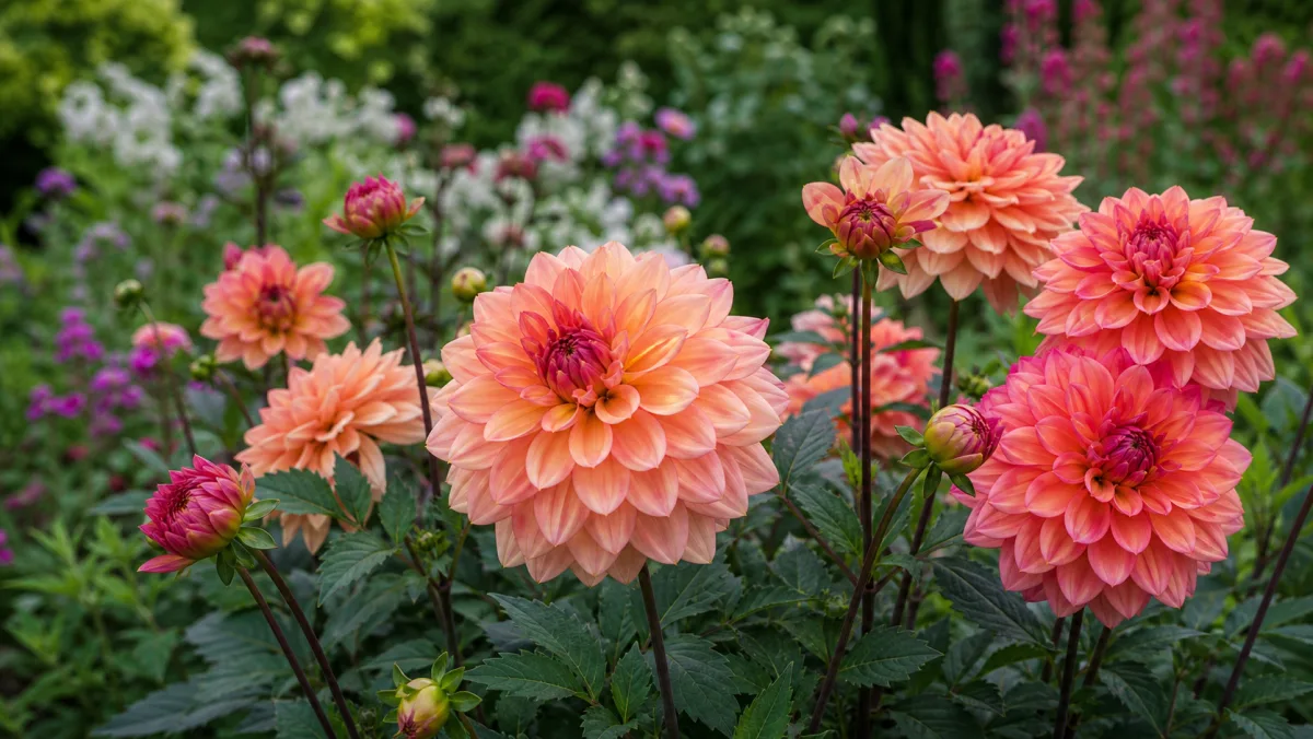 Dahlia 'American Dawn' dans un massif de jardin français