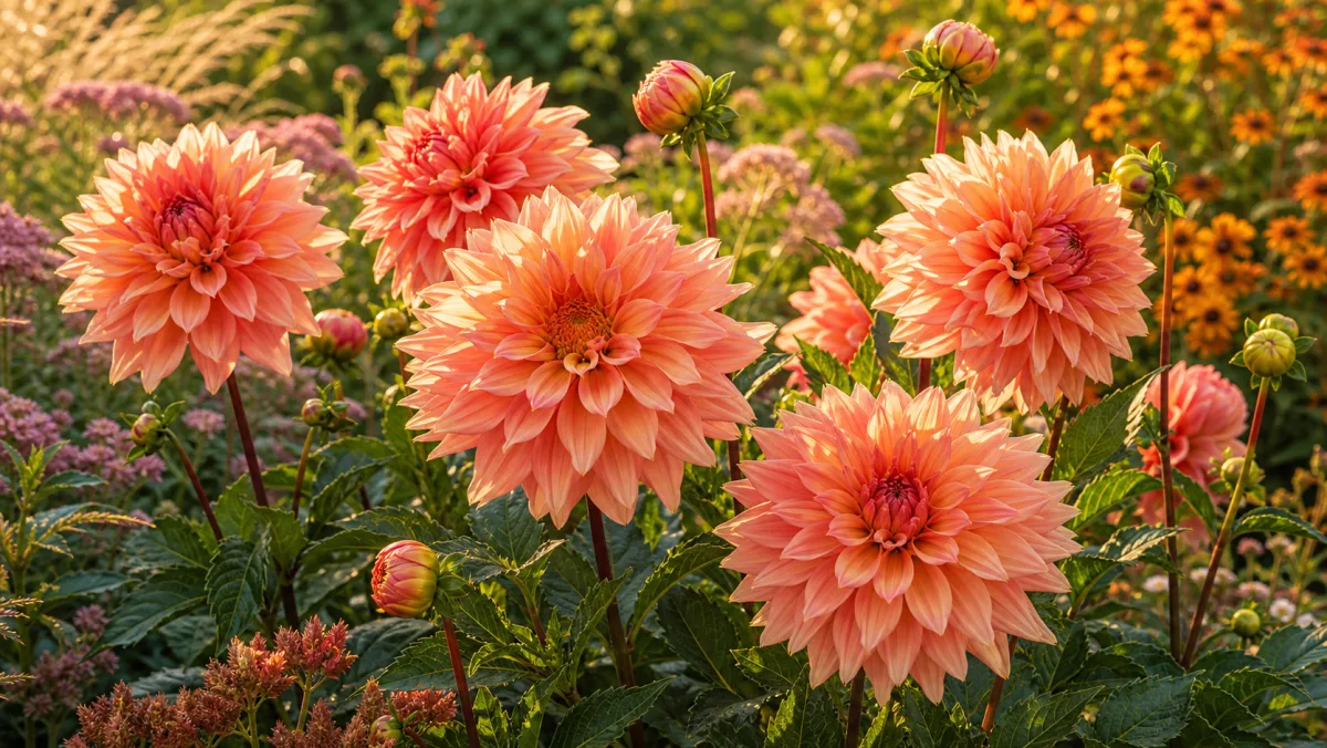 Dahlia 'Belle of Barmera' dans un massif de jardin français