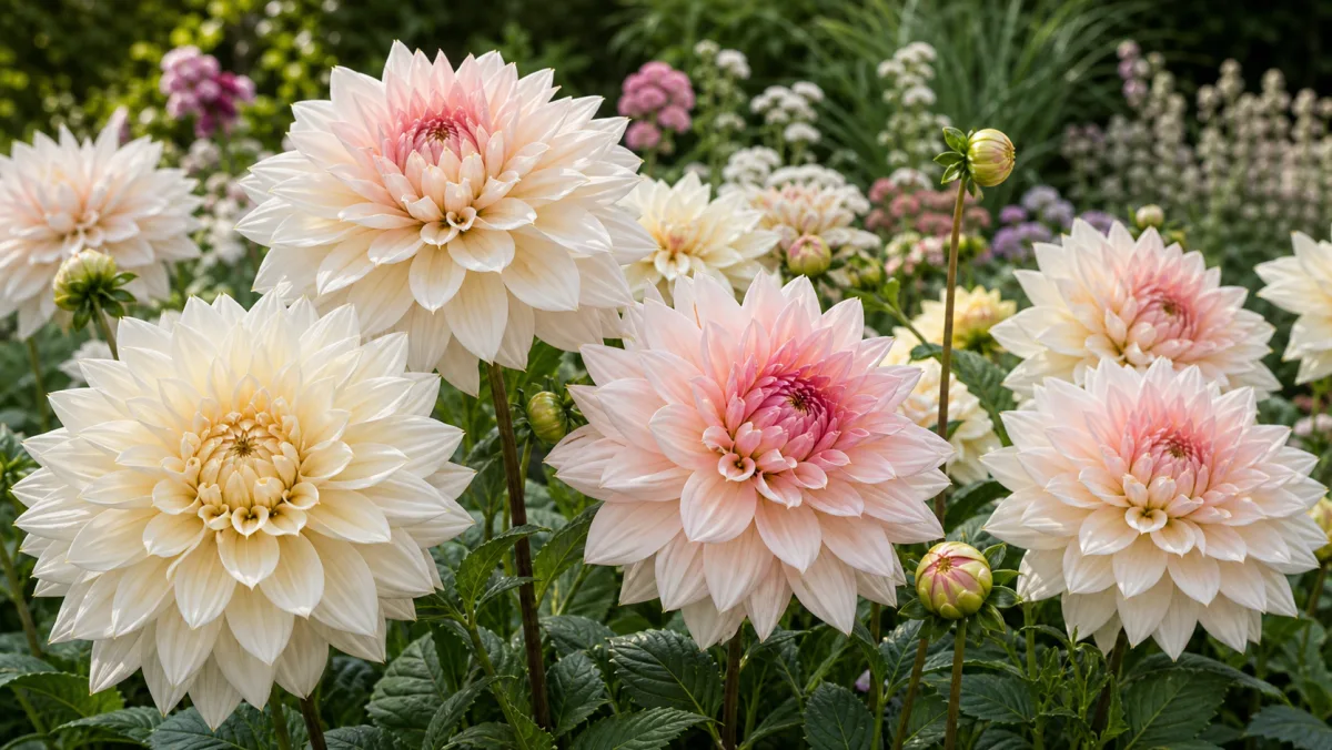 Dahlia 'Break Out' dans un massif de jardin français
