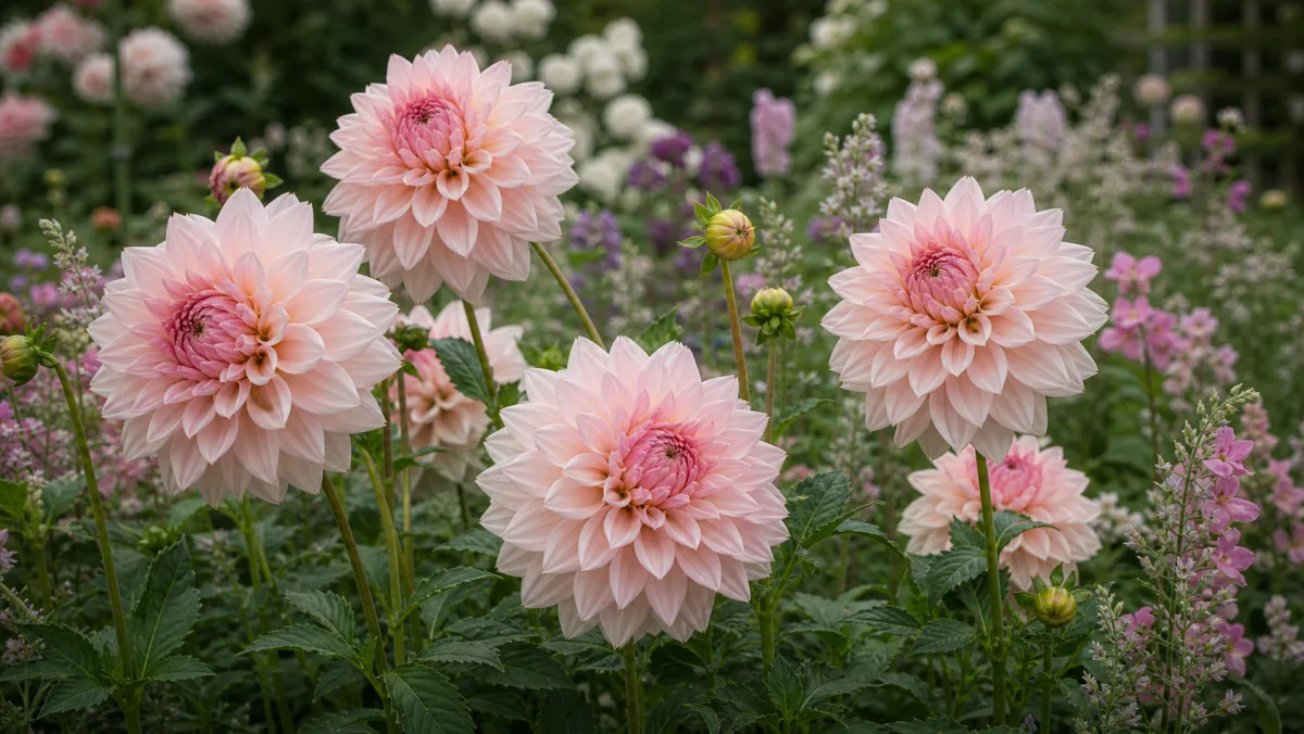 Dahlia 'Café au Lait Rose' dans un massif de jardin français