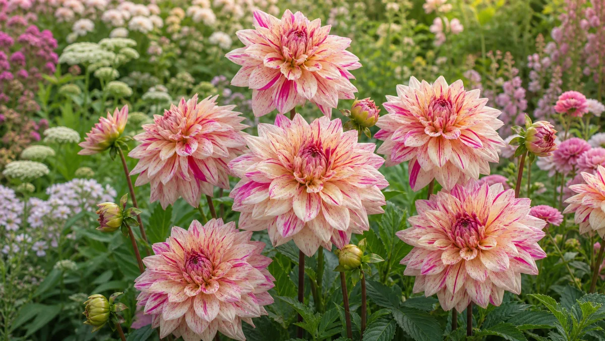 Dahlia 'Café au Lait Twist' dans un massif de jardin français