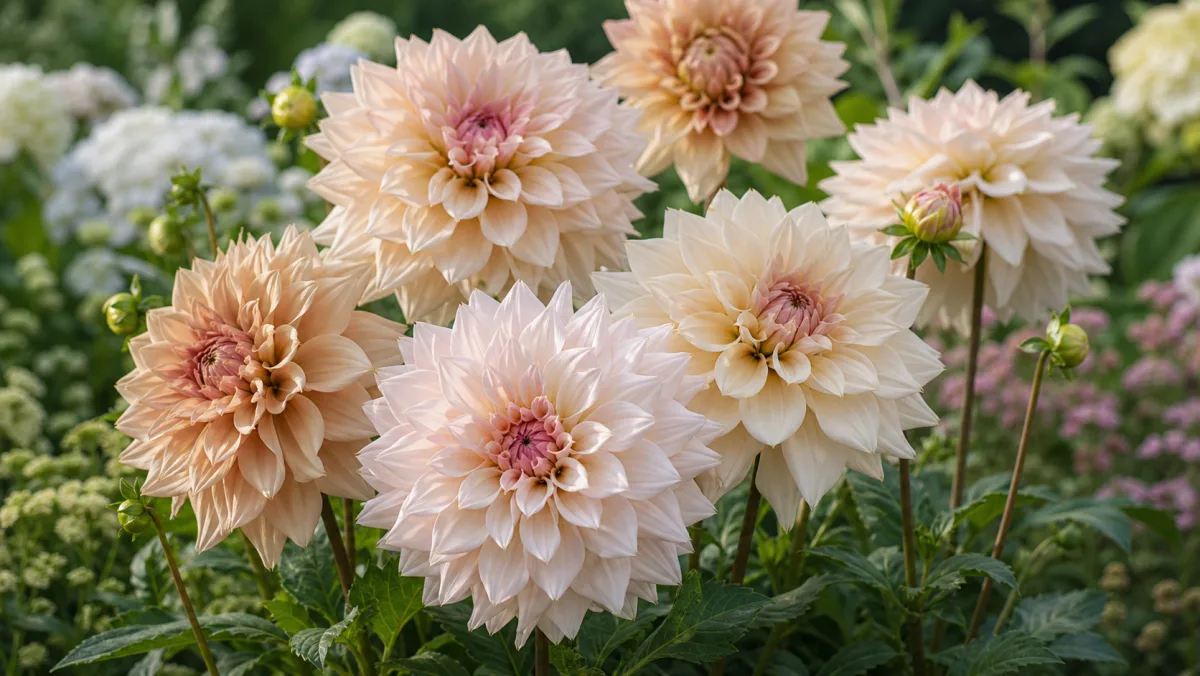 Dahlia 'Café au Lait' dans un massif de jardin français
