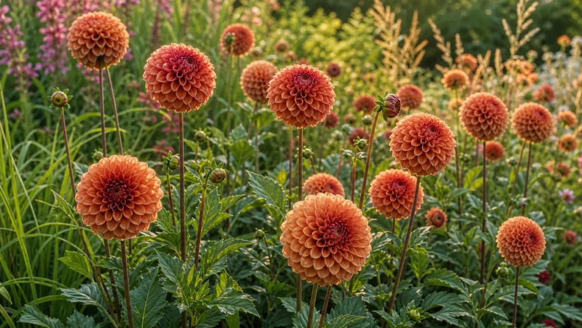 Dahlia 'Cornel Brons' dans un massif de jardin français