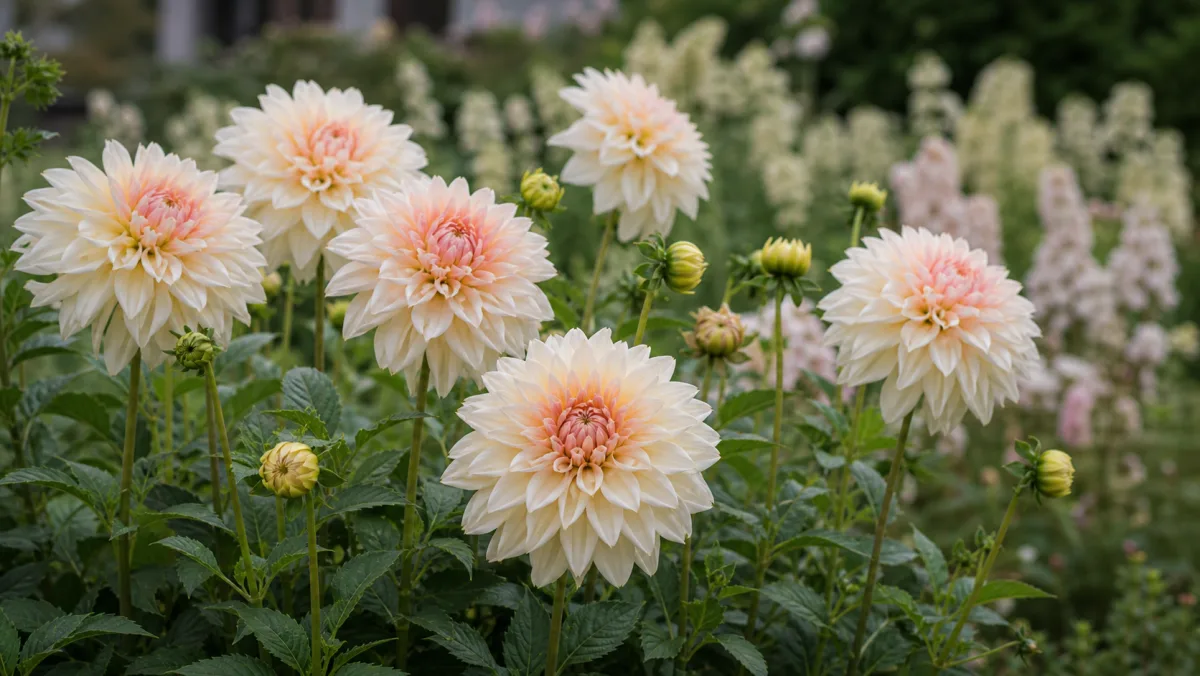 Dahlia 'Diana's Memory' dans un massif de jardin français