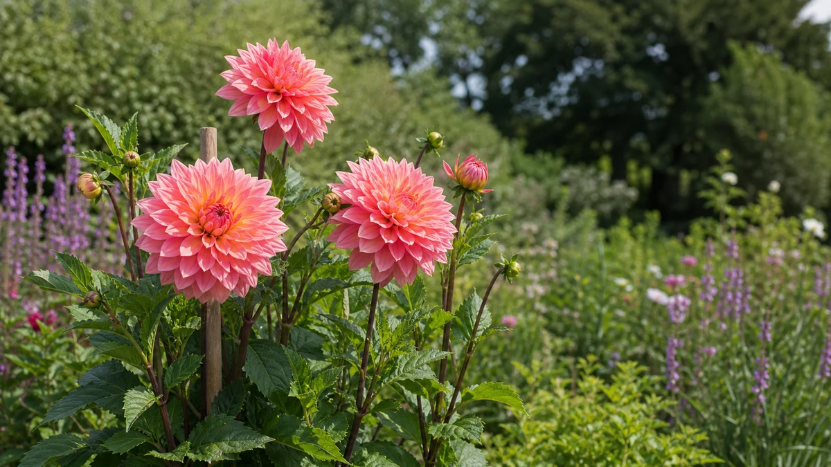 Dahlias décoratifs rose pêche en fleurs avec des tuteurs en bois visibles