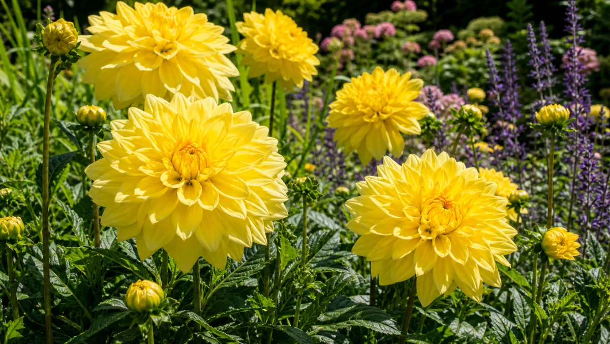 Dahlia 'Fairway Spur' dans un massif de jardin français