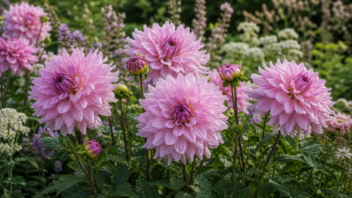 Dahlia 'Lavender Perfection' dans un massif de jardin français