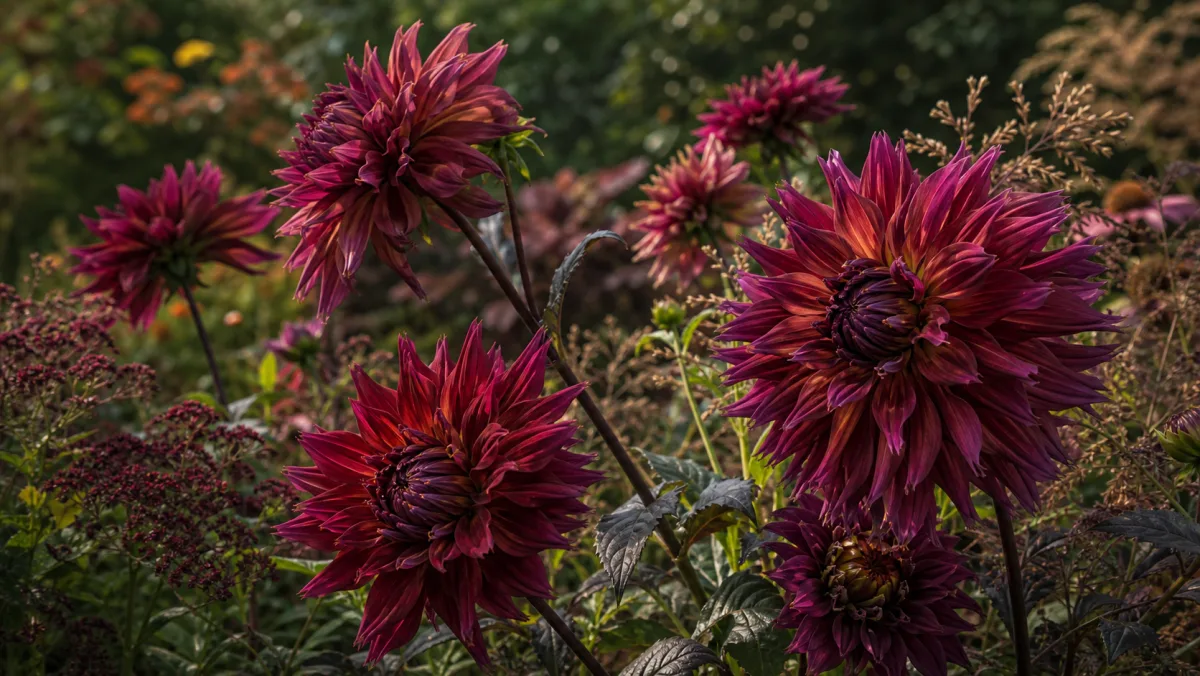 Dahlia 'Penhill Dark Monarch' dans un massif de jardin français
