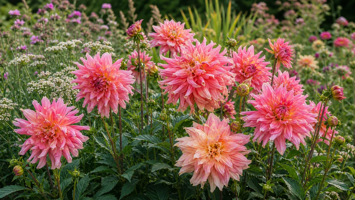 Dahlia 'Penhill Watermelon' dans un massif de jardin français