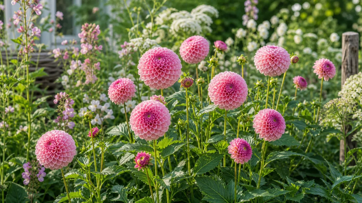 Dahlia 'Stolze von Berlin' dans un massif de jardin français