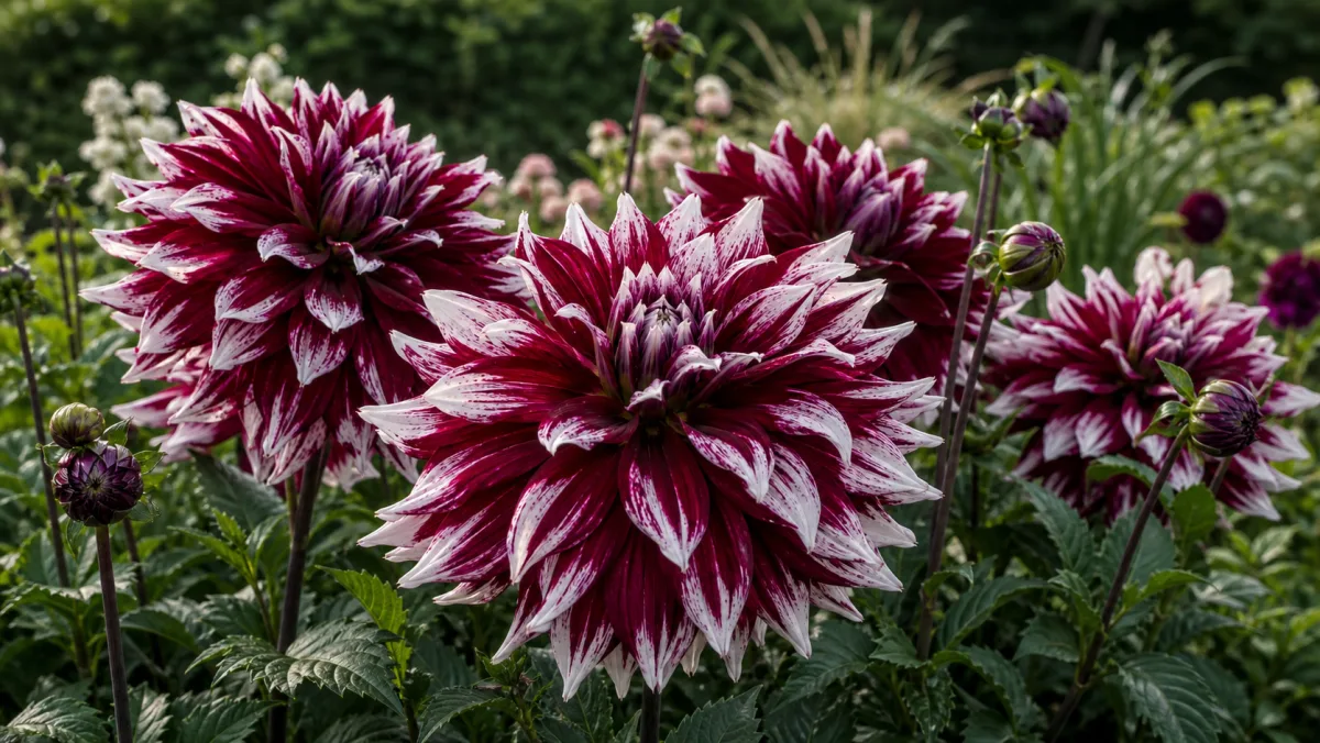 Dahlia 'Tartan' dans un massif de jardin français