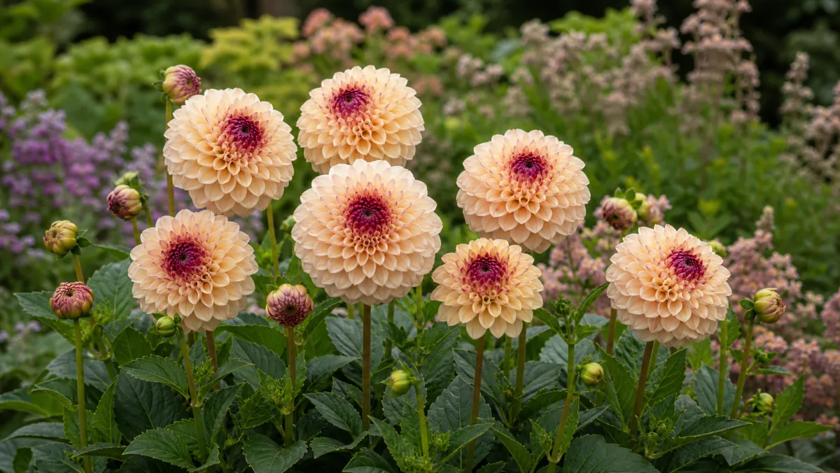 Dahlia 'Wine Eyed Jill' dans un massif de jardin français