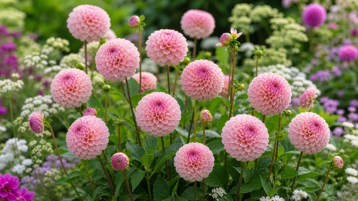 Dahlia 'Wizard of Oz' dans un massif de jardin français