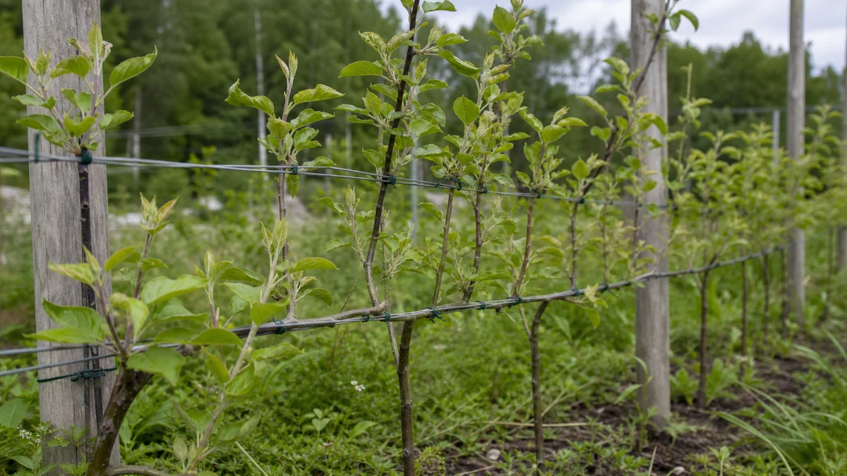 Jeunes pousses de pommier attachées doucement au fil