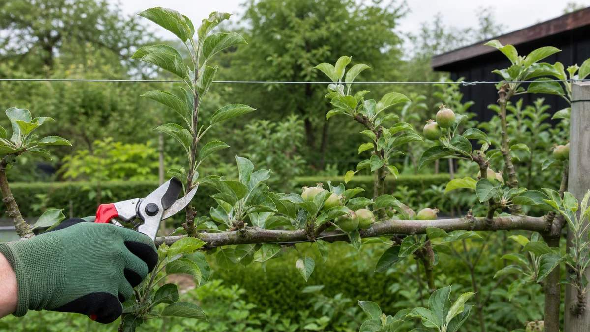 Taille d'été des pousses latérales d'une haie de pommiers