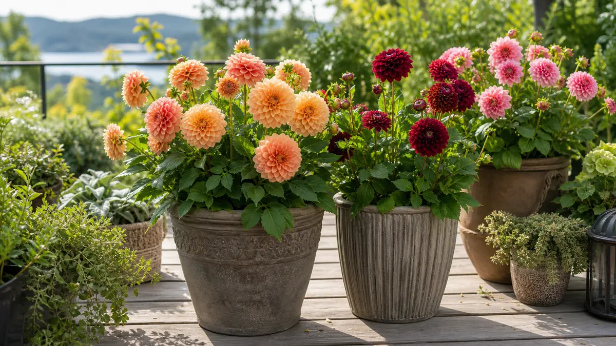 Dahlias en pot présenté comme guide de choix pour jardin français