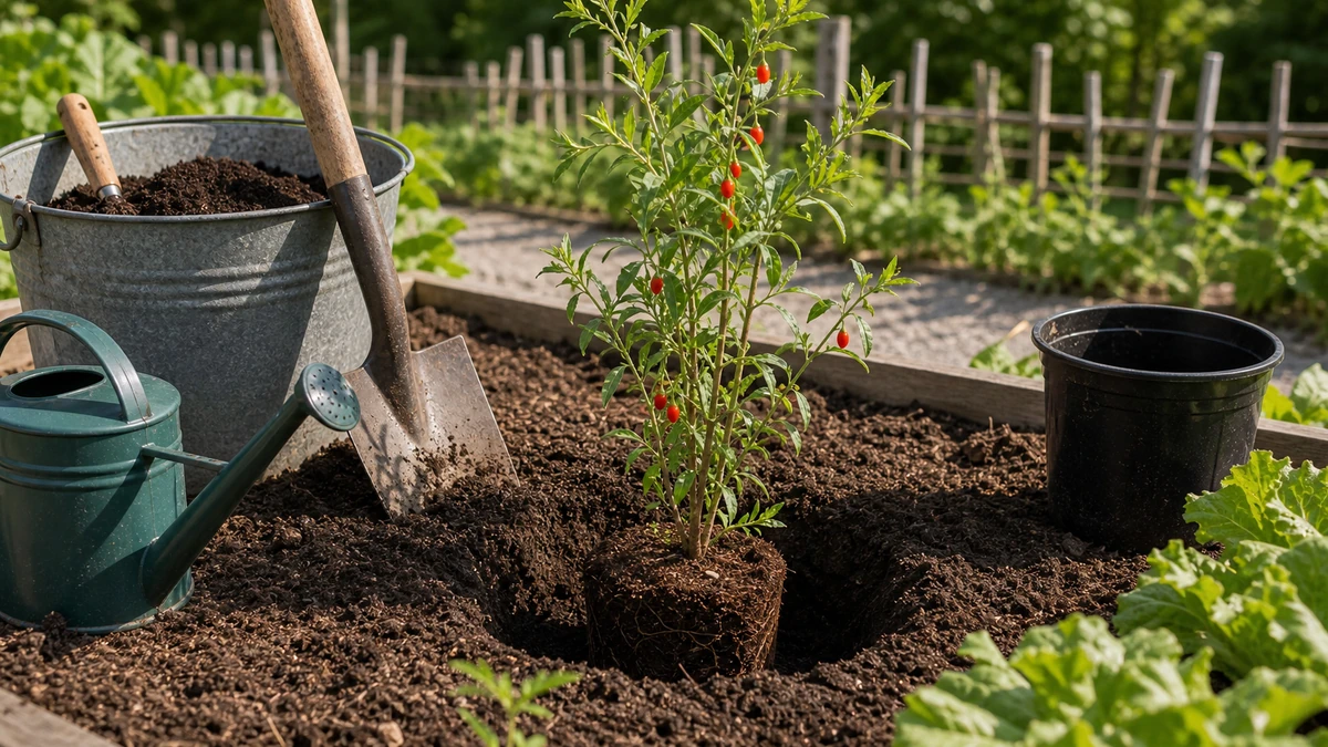 Jeune goji planté près d’un treillage en sol drainé