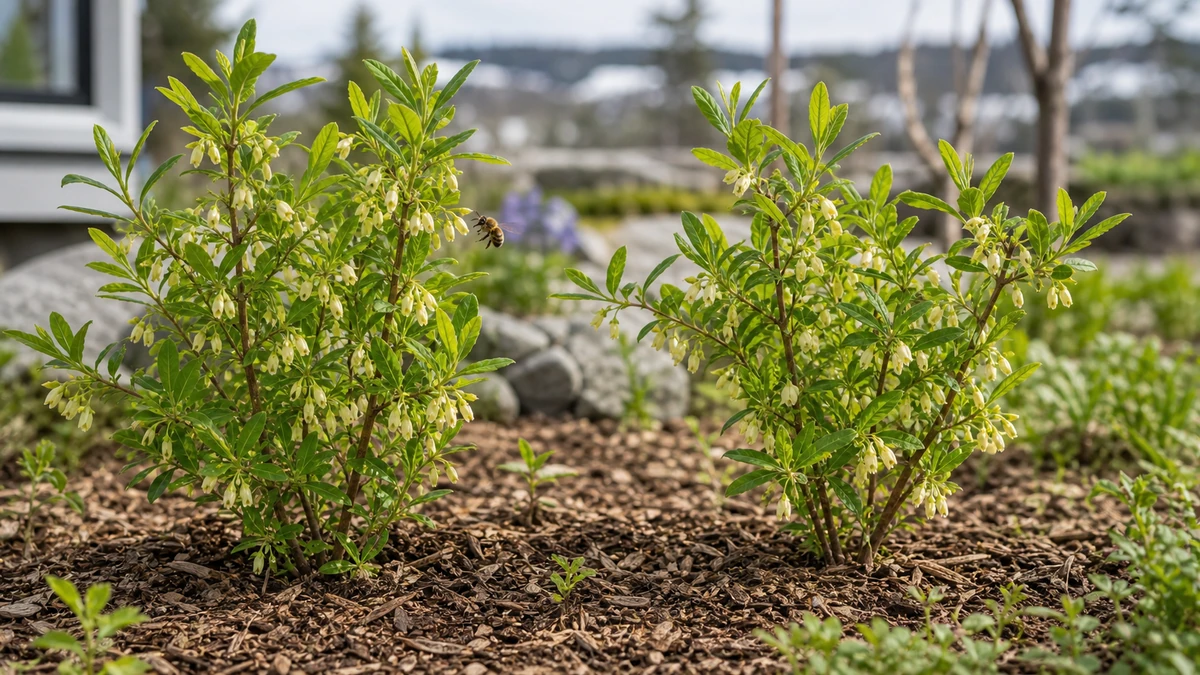 Deux arbustes de baie de mai en fleurs claires plantés côte à côte
