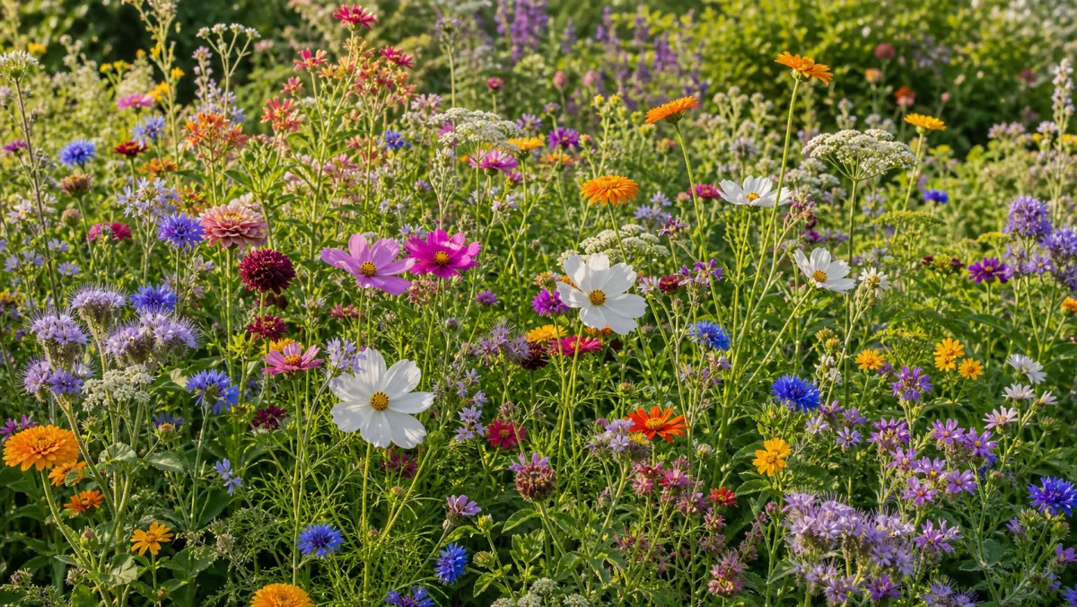 Mélange biologique de fleurs annuelles en floraison dans un jardin français