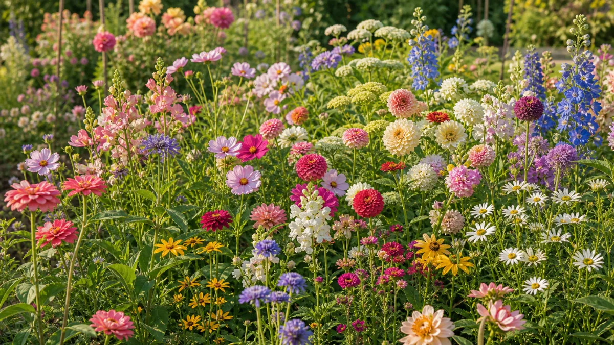 Mélange biologique de fleurs à couper en floraison dans un jardin français