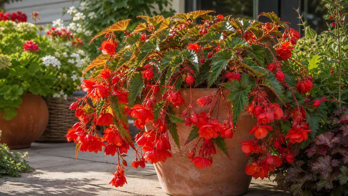 Bégonia retombant 'Santa Cruz' en suspension sur une terrasse française