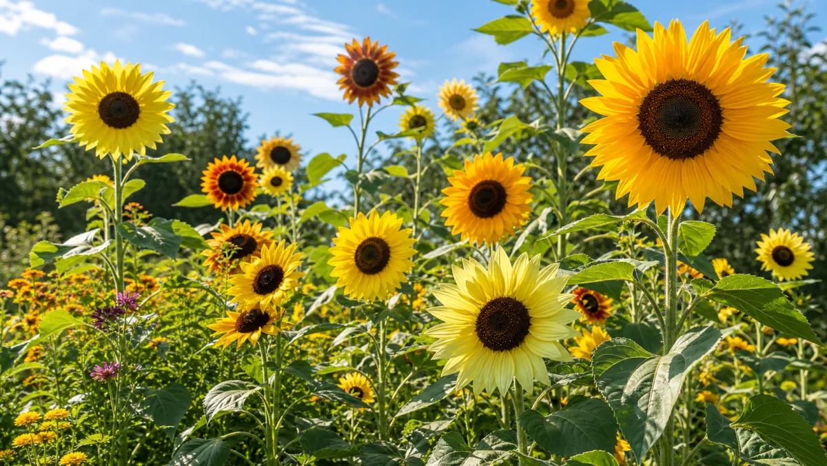 Mélange de graines de tournesols en floraison dans un jardin français
